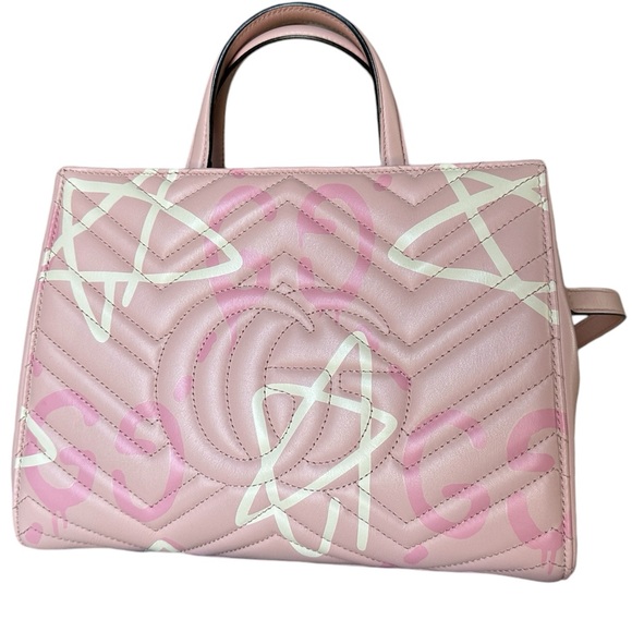 GUCCI Ghost Marmont GG Matelassé 2-way tote top handle bag pink graffiti chevron - Picture 5 of 14